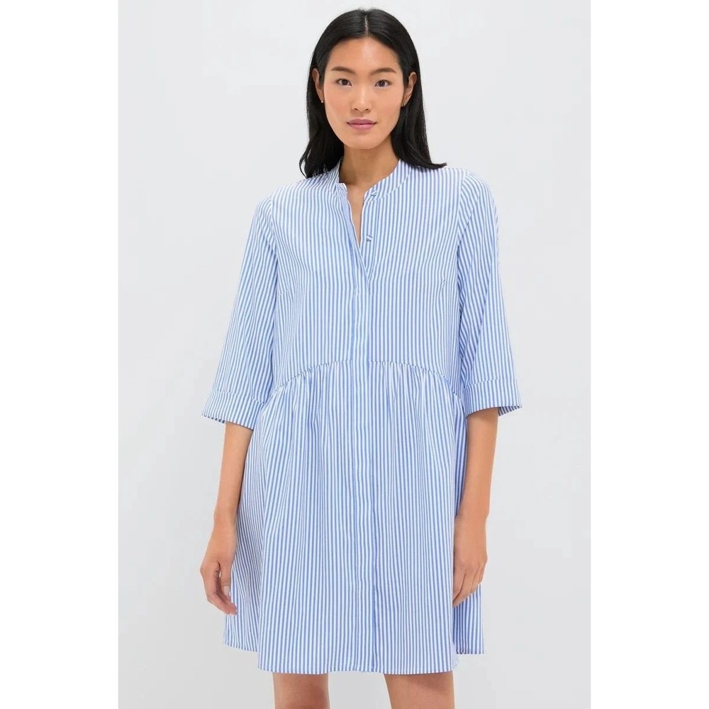 Tuckernuck Blue White Striped Royal Shirt Dress 3/4 Sleeve Band Collar Size XS